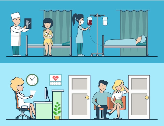 Linear flat hospital clinic vector room interior illustration set doctors and patient characters