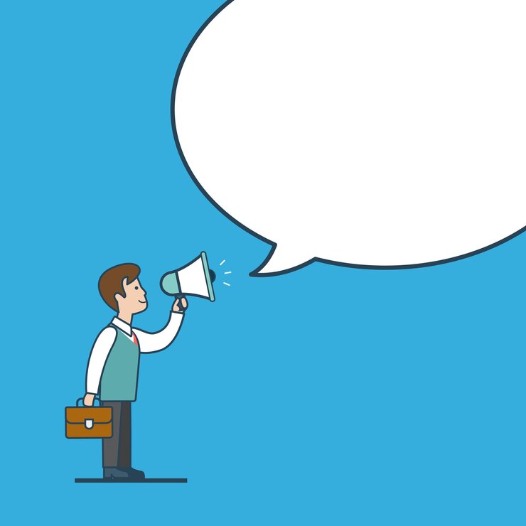 Free Vector linear flat line art style business promotion white blank background chat bubble message  template concept. businessman megaphone promo.