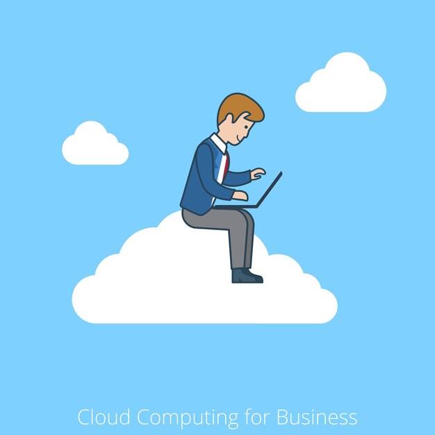 비즈니스 개념에 대 한 선형 평면 라인 아트 스타일 클라우드 컴퓨팅. 구름에 앉아 노트북을 작동하는 사업가.