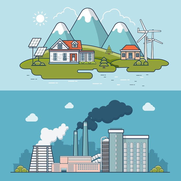 Free vector linear flat modern eco friendly town compared to heavy industry polluted plant  illustration. ecology and nature pollution concept.