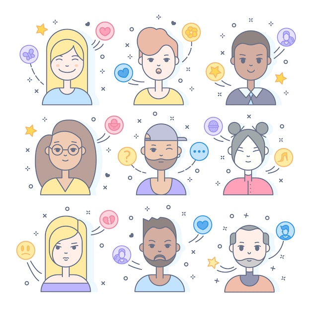 Free vector linear flat people faces icon set. social media avatar, userpic and profiles.