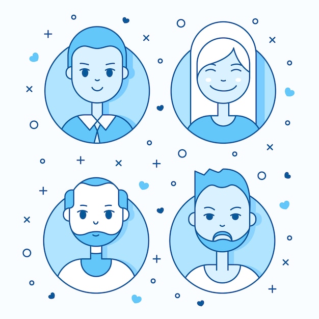 Set di icone di persone piatte lineari. avatar social media, userpic e profili.