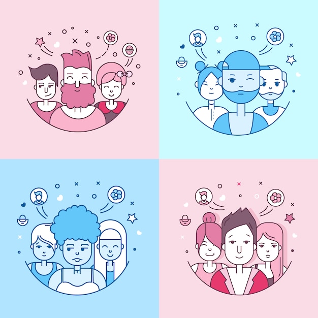 Set di icone di persone piatte lineari. avatar social media, userpic e profili.