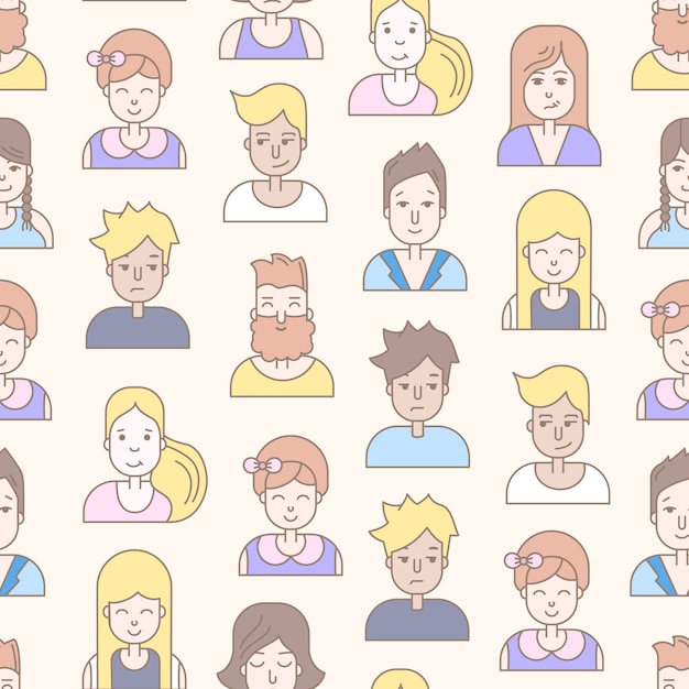 Linear Flat people faces seamless pattern. Social media avatar, userpic and profiles.