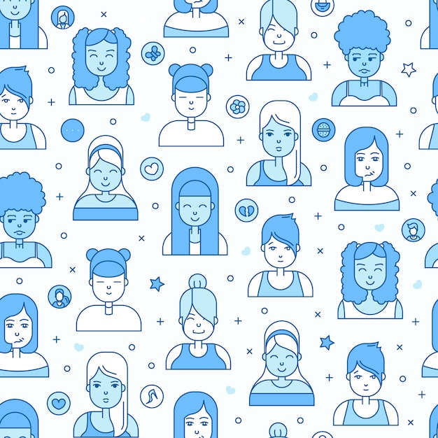 Linear Flat people faces seamless pattern. Social media avatar, userpic and profiles.