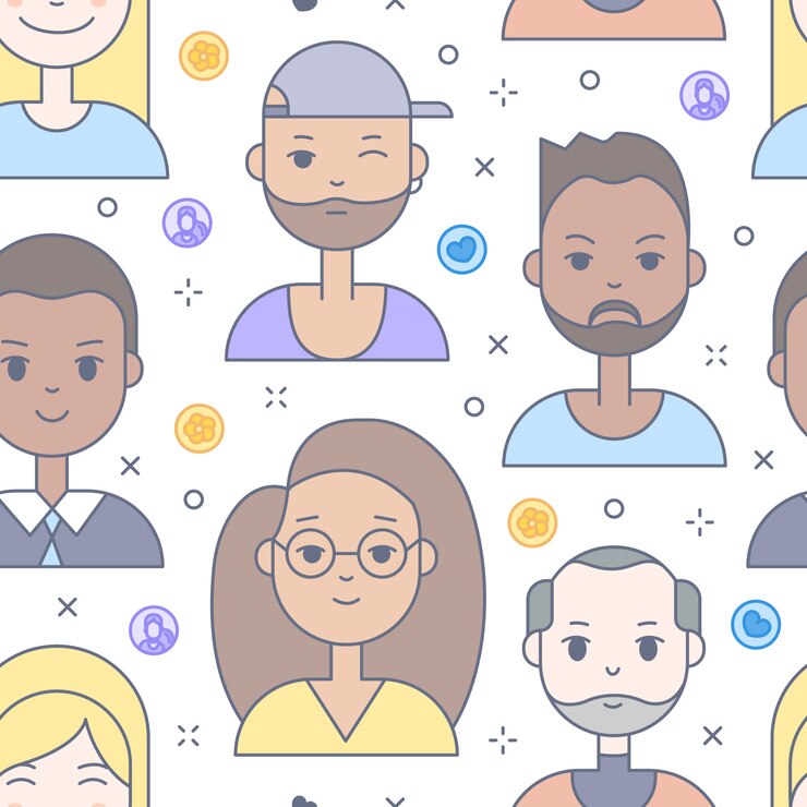 Free Vector linear flat people faces seamless pattern. social media avatar, userpic and profiles.