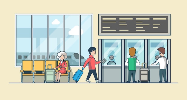 Линейные плоские люди на иллюстрации зала ожидания железнодорожного вокзала и кассы кассира. концепция общественного транспорта.