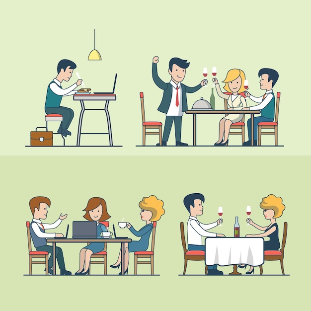 Vettore gratuito gente piana lineare nell'insieme dell'illustrazione del ristorante. concetto di cibo e bevande. cena, festa, cena, pranzo e uomini d'affari, donne d'affari.