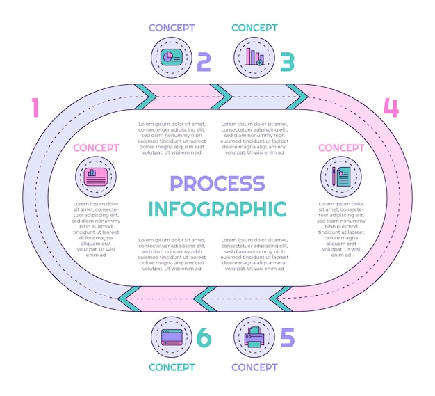 Modello di infografica processo piatto lineare