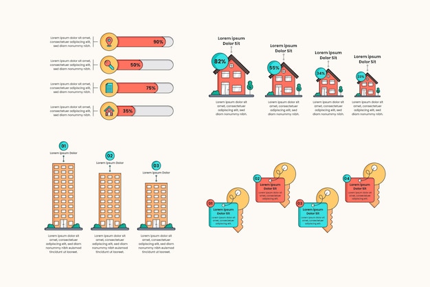 Линейный плоский инфографический шаблон недвижимости