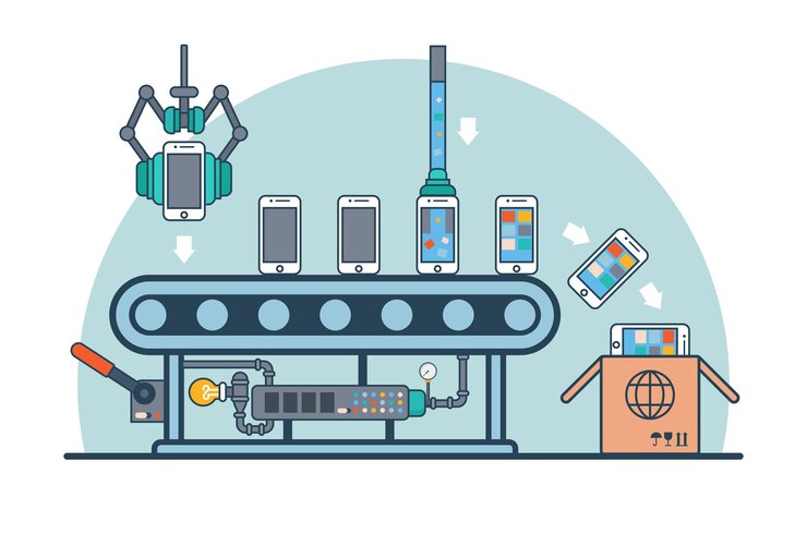 Free Vector linear flat smartphones on conveyor fueling with firmware and software  illustration. mobile phone production line and packaging concept.