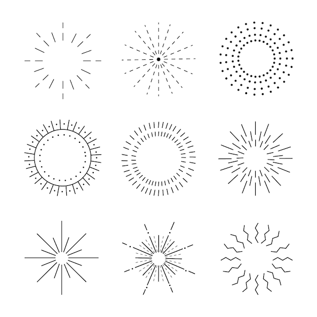 Бесплатное векторное изображение Коллекция линейных плоских солнечных лучей