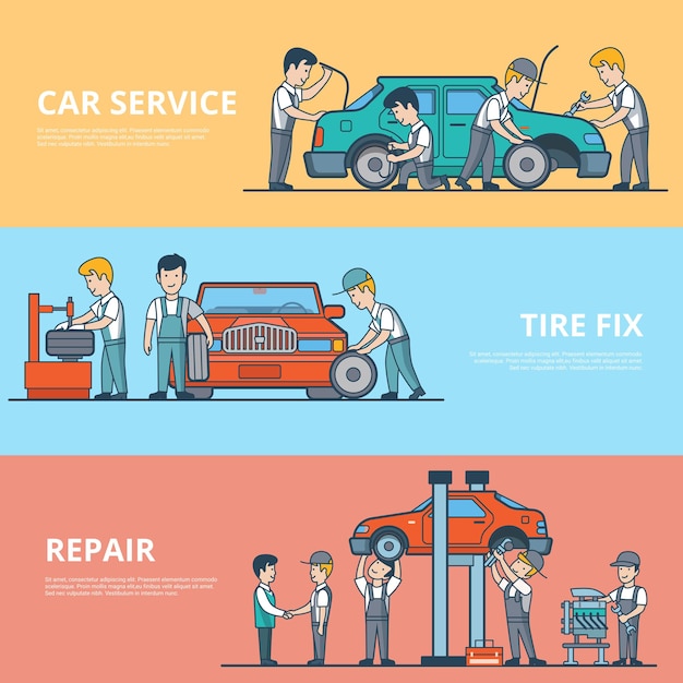 Free vector linear flat technical car diagnostic, dismantling and repair service concepts set of website hero images. tire fix, motor and battery test. mechanic workers happy client characters