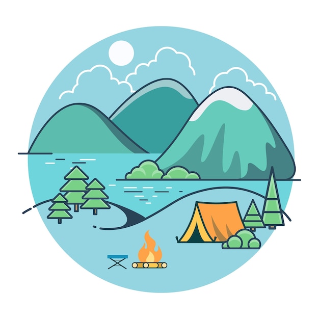 Линейная плоская палатка на берегу озера между деревьями и горами, Летний кемпинг. Сельский отдых, союз с природой.