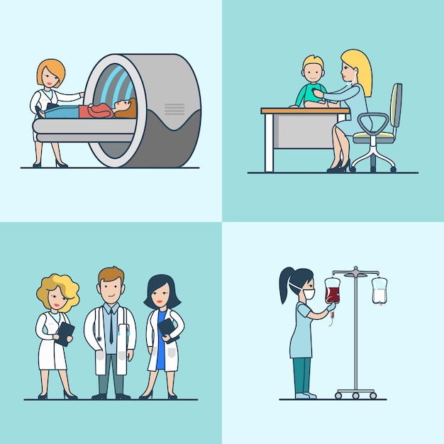 Linear Flat tomography and paediatric cabinet, blood transfusion, medical stuff set. Health care, professional help concept.