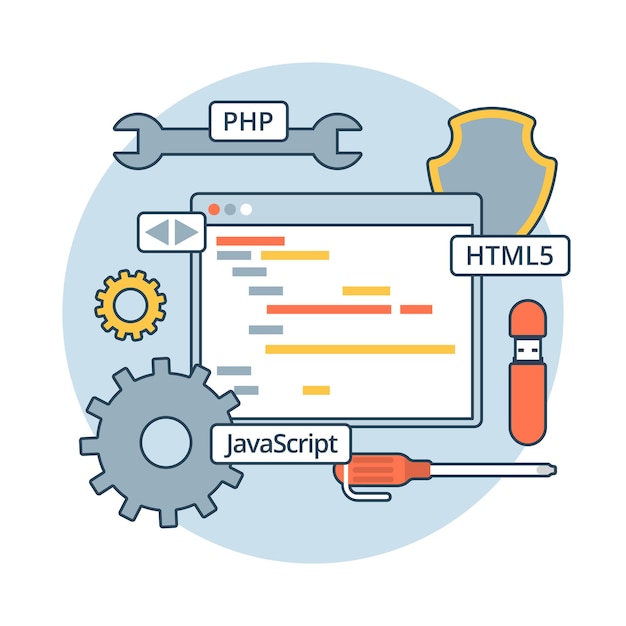 Иллюстрация кода линейного плоского веб-приложения. Концепция разработки приложений. PHP, JavaScript, HTML5, зубчатые колеса, отвертка и интерфейс редактора программ.
