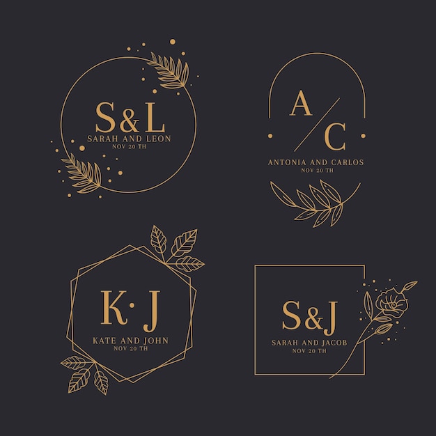 Free vector linear flat wedding logos collection