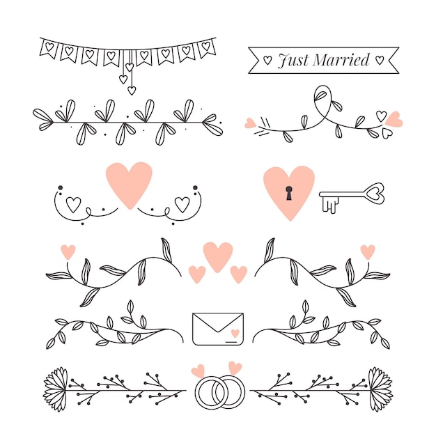 Free vector linear flat wedding ornaments collection