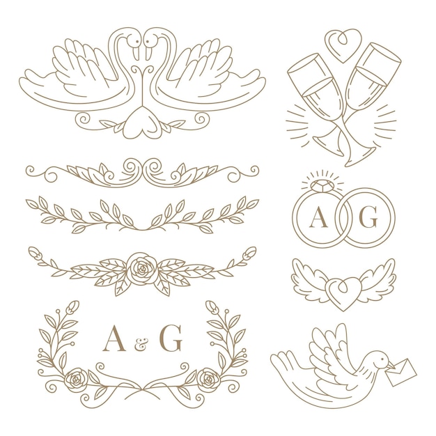 Free vector linear flat wedding ornaments collection