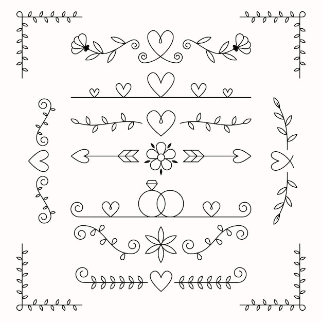 Free vector linear flat wedding ornaments collection