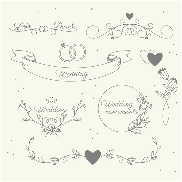 Free vector linear flat wedding ornaments set