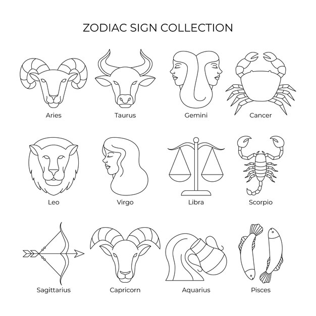 Linear flat zodiac sign collection illustration