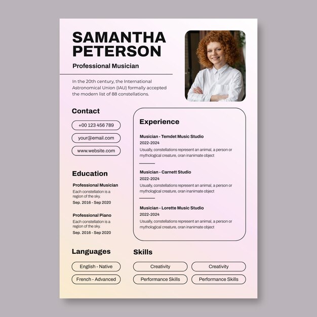 Linear gradient musician resume template