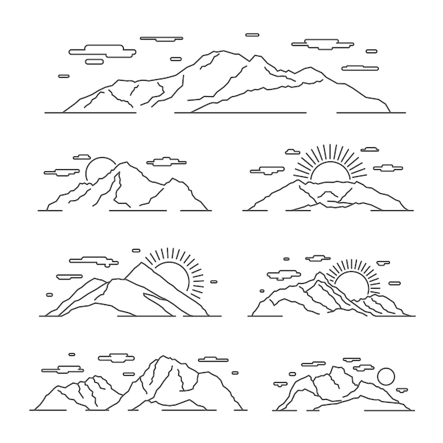 선형 산 그림입니다. 라인 산 알프스 풍경 세트. 산 바위와 선형 풍경