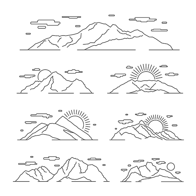 線形山の図。ライン山アルプス風景セット。山の岩と線形の風景