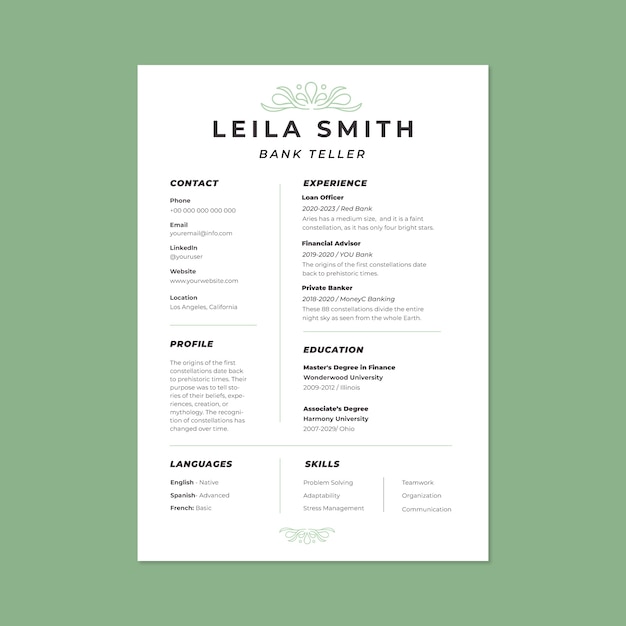 Free vector linear ornamental generic banking resume