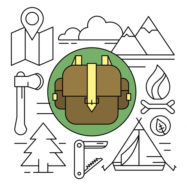 Linear style camping and hiking illustrations