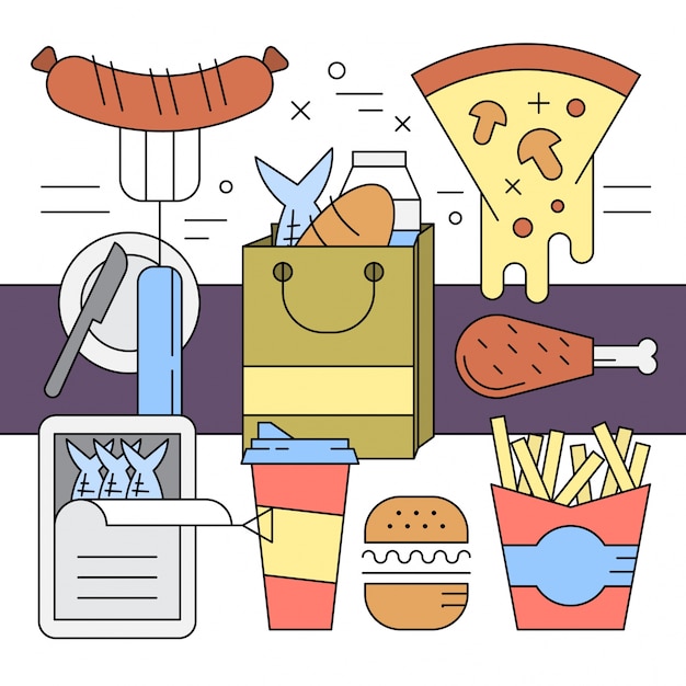 Linear style food and grocery vector elements