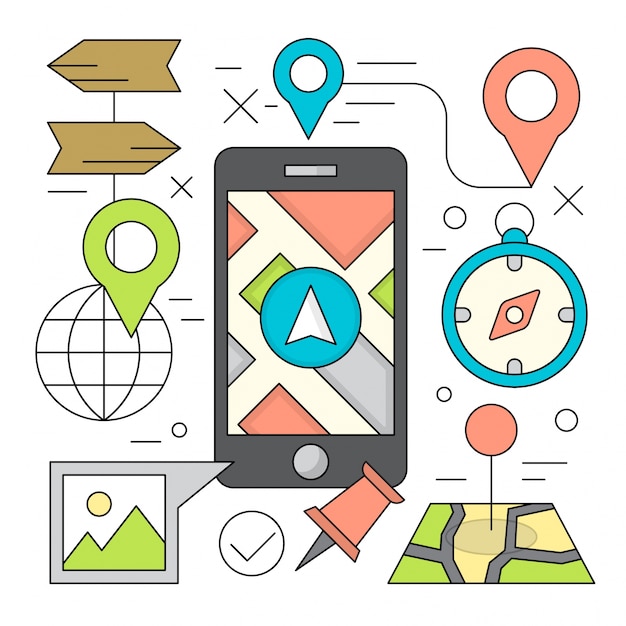 Linear style illustrations mobile navigation and travel elements