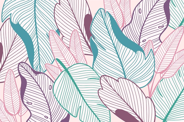 Linear tropical leaves in pastel color design