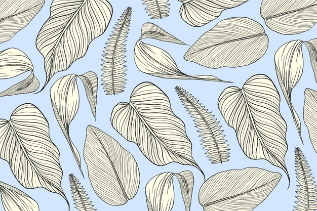 파스텔 컬러 배경으로 선형 열대 나뭇잎