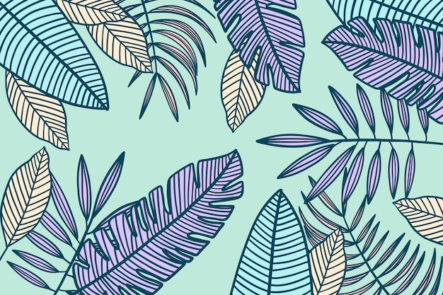 Foglie tropicali lineari con sfondo di colore pastello