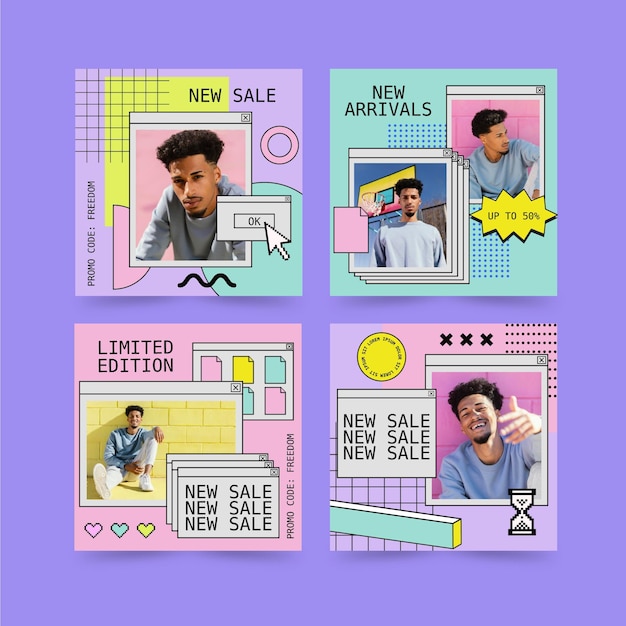 Free vector linear vaporwave instagram post collection