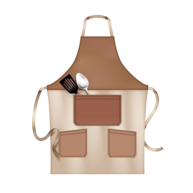 Grembiule da cucina in lino da cucina beige marrone con 3 tasche accessoriate con risvolti illustrazione realistica del primo piano