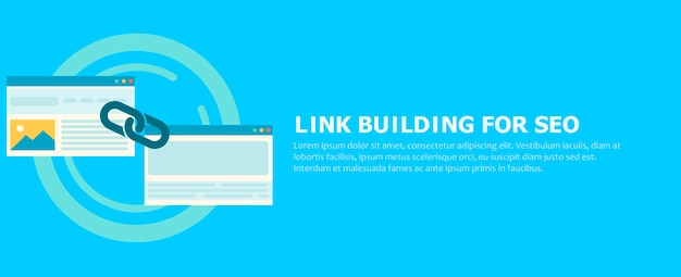Free vector link building for seo banner. two pages are connected by a chain.