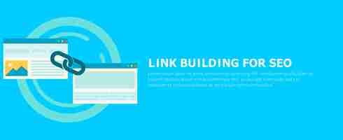 Free vector link building for seo banner. two pages are connected by a chain.