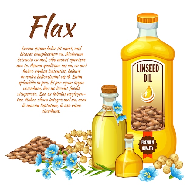 Linseed oil, flax seeds and flowers.