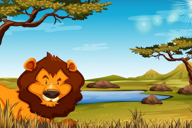 Lion in african landscape scene