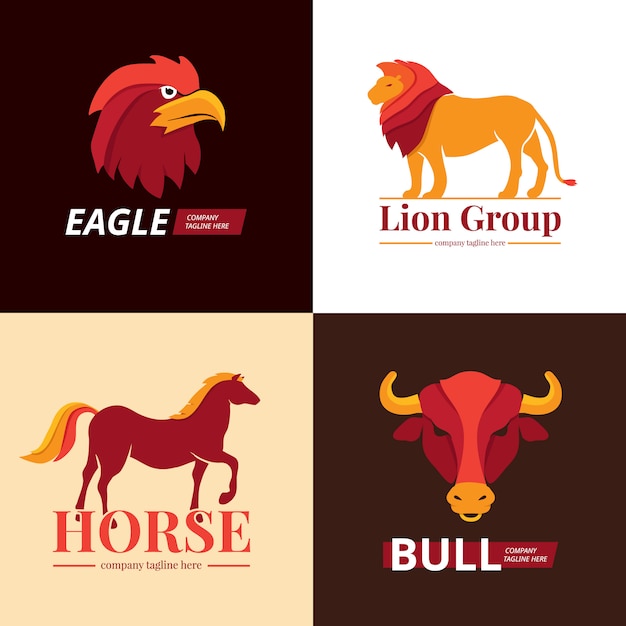 Бесплатное векторное изображение Набор логотипов льва, орла, лошади и быка