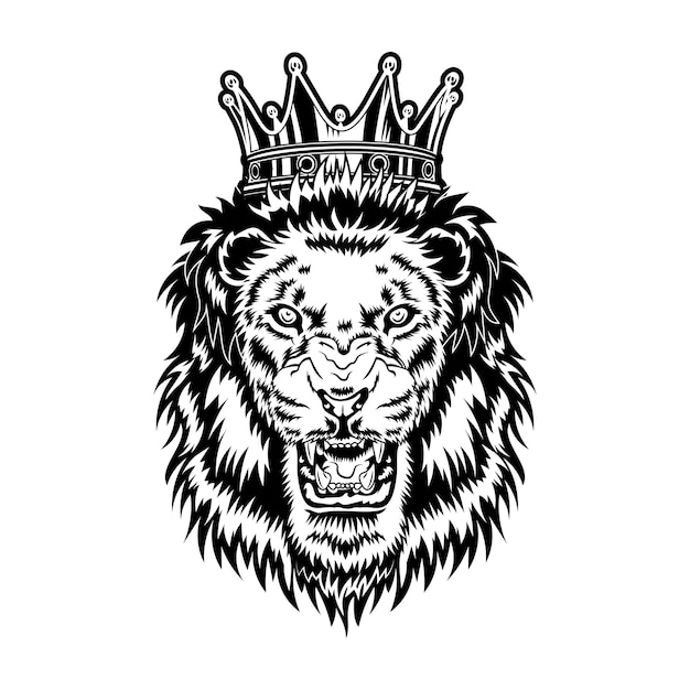 Lion king vector illustration. Head of angry roaring male animal with mane and royal crown