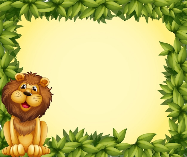 Free vector a lion and a leafy frame template