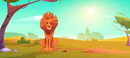 Free vector lion in savanna, african animal in nature, wild cat sitting on natural landscape background with trees and shining sun. safari, outdoor zoo park with predator, powerful leo cartoon vector illustration