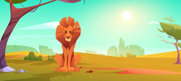 Lion in savanna, african animal in nature, wild cat sitting on natural landscape background with trees and shining sun. Safari, outdoor zoo park with predator, powerful leo Cartoon vector illustration