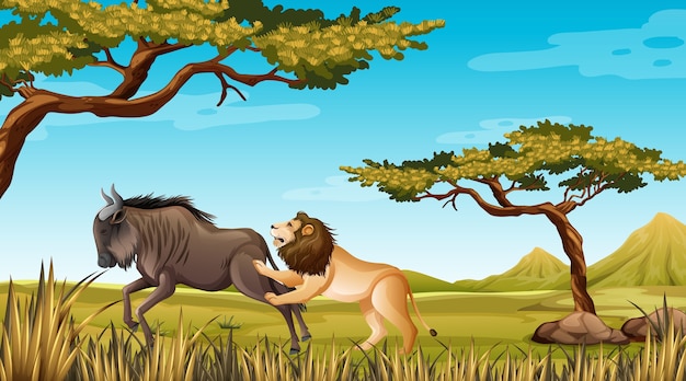 Free vector lion and wildebeest in nature backgroud