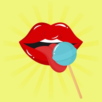 Губы с языком облизывая леденец на палочке чупачупс комикс в стиле поп-арт
