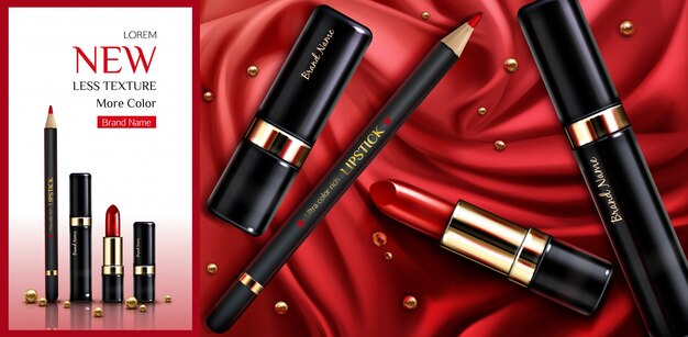 Lipstick cosmetics makeup beauty product ad banner. 